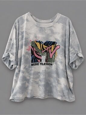 MTV Gray Tie-Dye Short Sleeve Tee with Colorful Logo